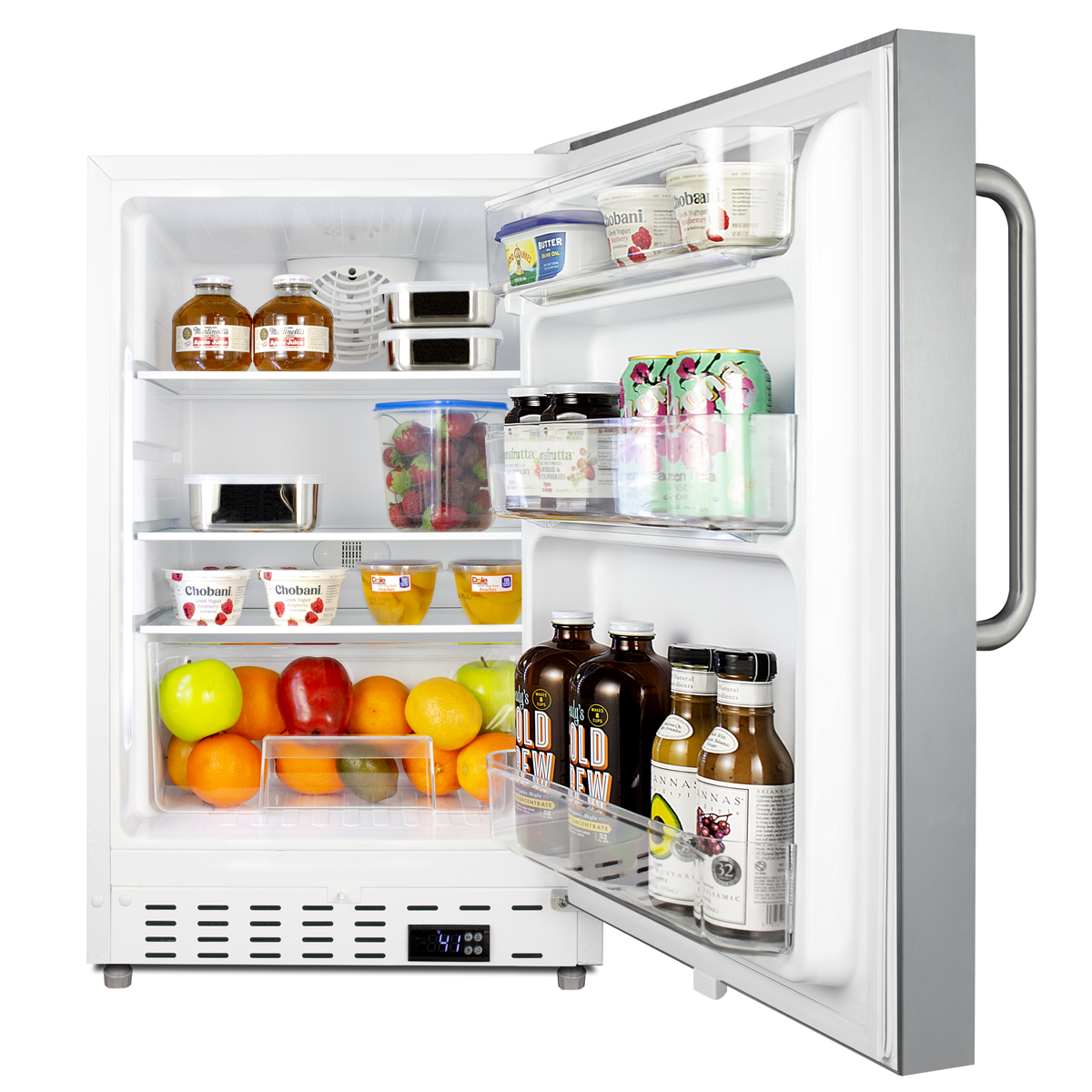 Built-in undercounter ADA compliant residential all-refrigerator in white with SS door, towel bar handle, door storage and automatic defrost operation
